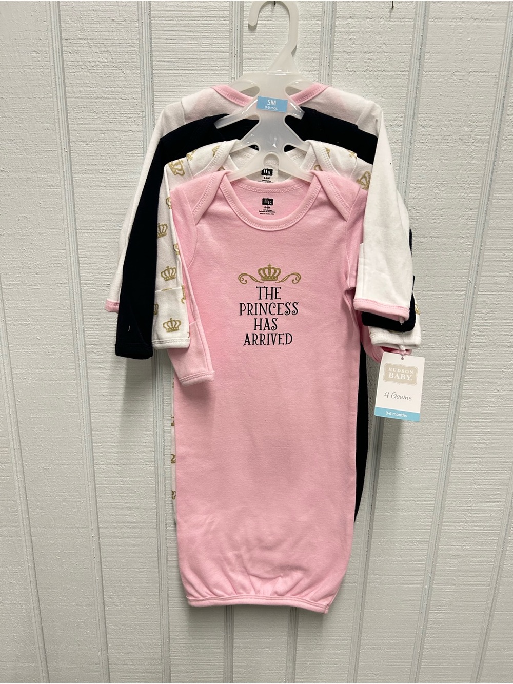 Hudson Baby 4-Pack Gown Sleepers - Pink, Black, White, Gold Crown Print